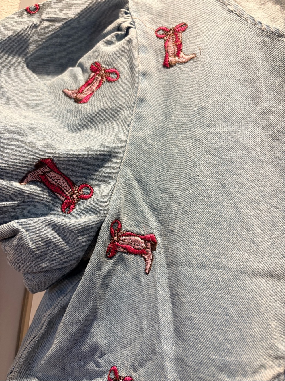 Peach Love California Light Blue Denim Dress with Pink Embroidery - Picture 4 of 5